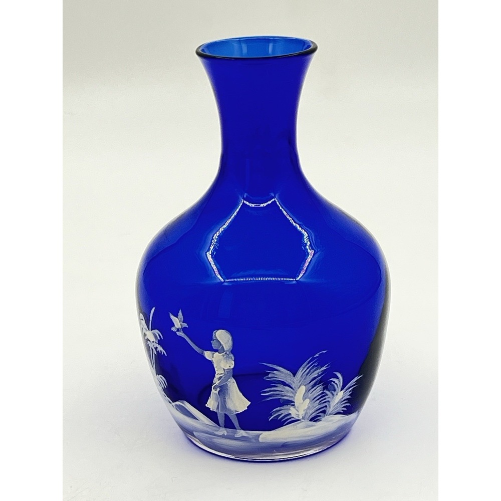 VTG Cobalt Blue Mary Gregory Vase 7" Hand Enameled Silhouette Of A Girl W/Bird